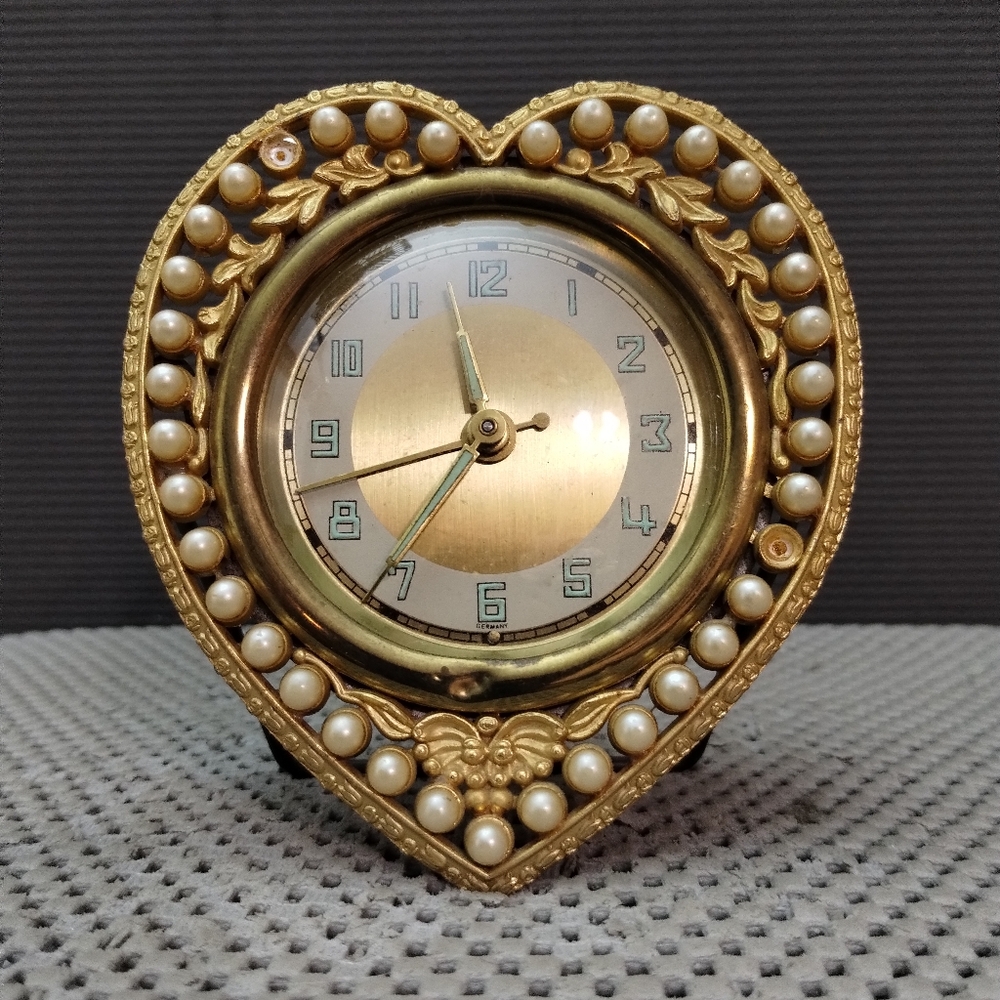 Vintage German Heart Shaped Clock with Pearls